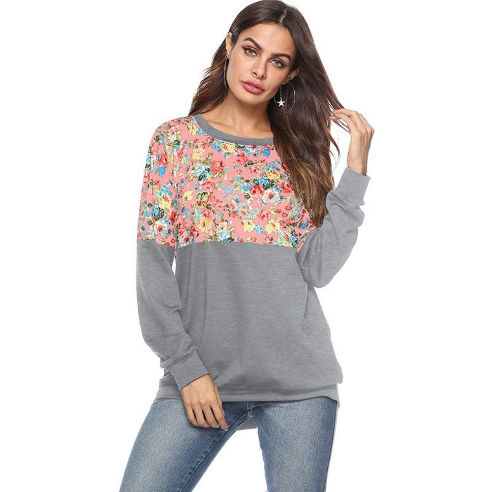 Floral Printed Round Neck Loose Sweatshirt
